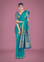 Monjolika Fashion Charming Turquoise Color Silk Golden Zari Woven Ceremony Saree - Distacart