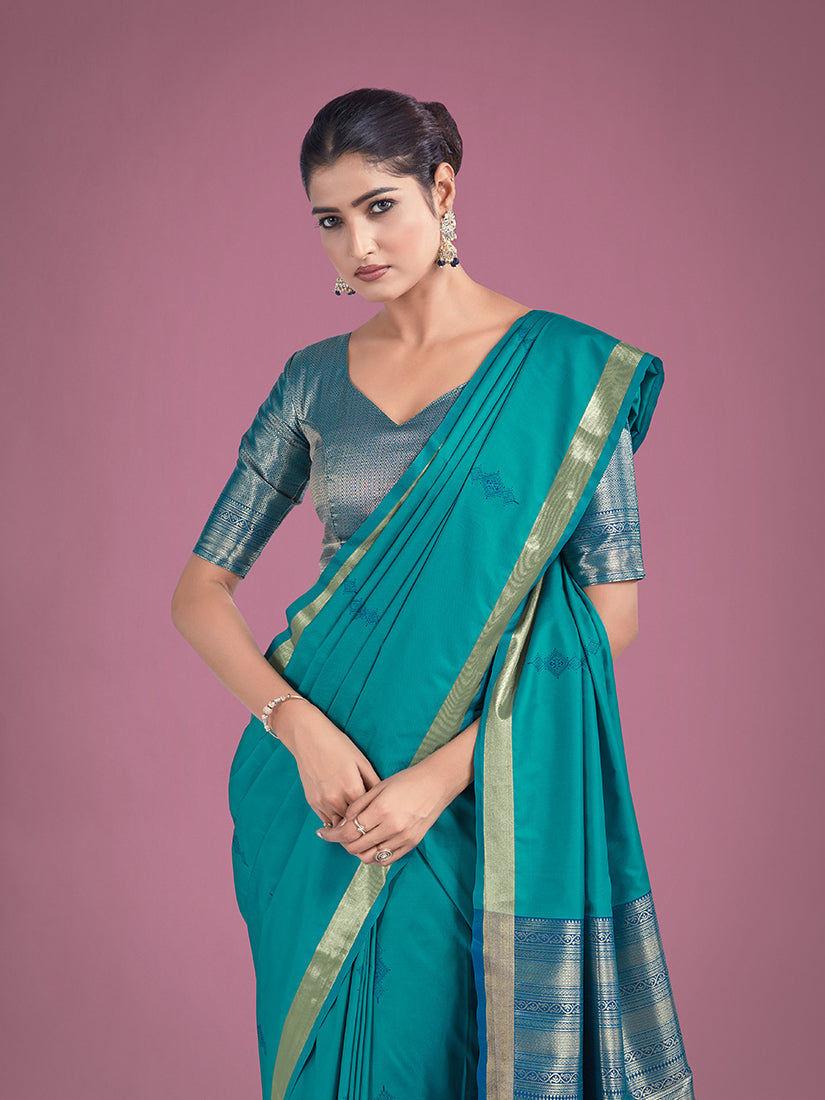 Monjolika Fashion Charming Turquoise Color Silk Golden Zari Woven Ceremony Saree - Distacart