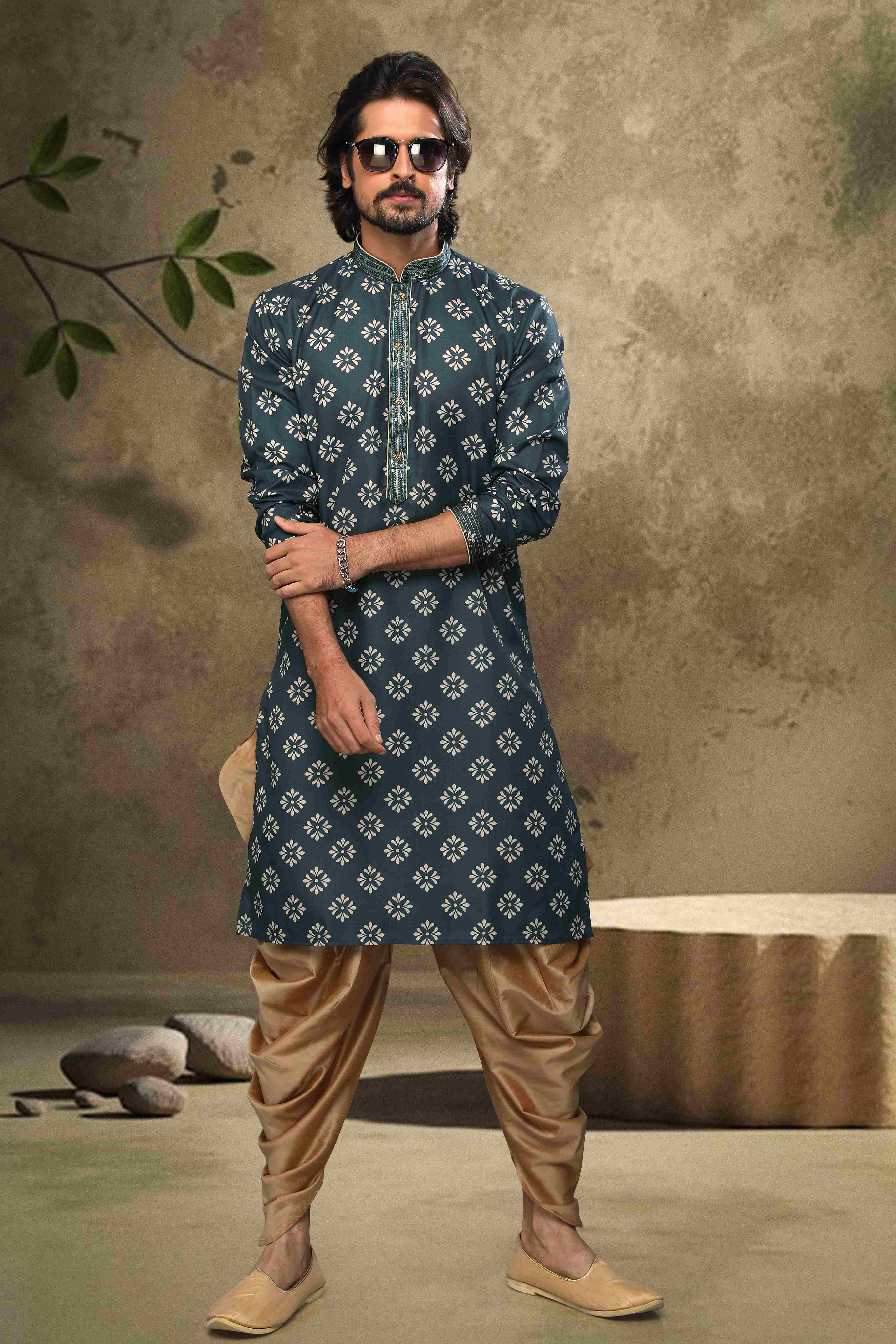 Raivat Ethnic Cotton Digital Print Mirror Work Kurta Pajama In Blue Colour