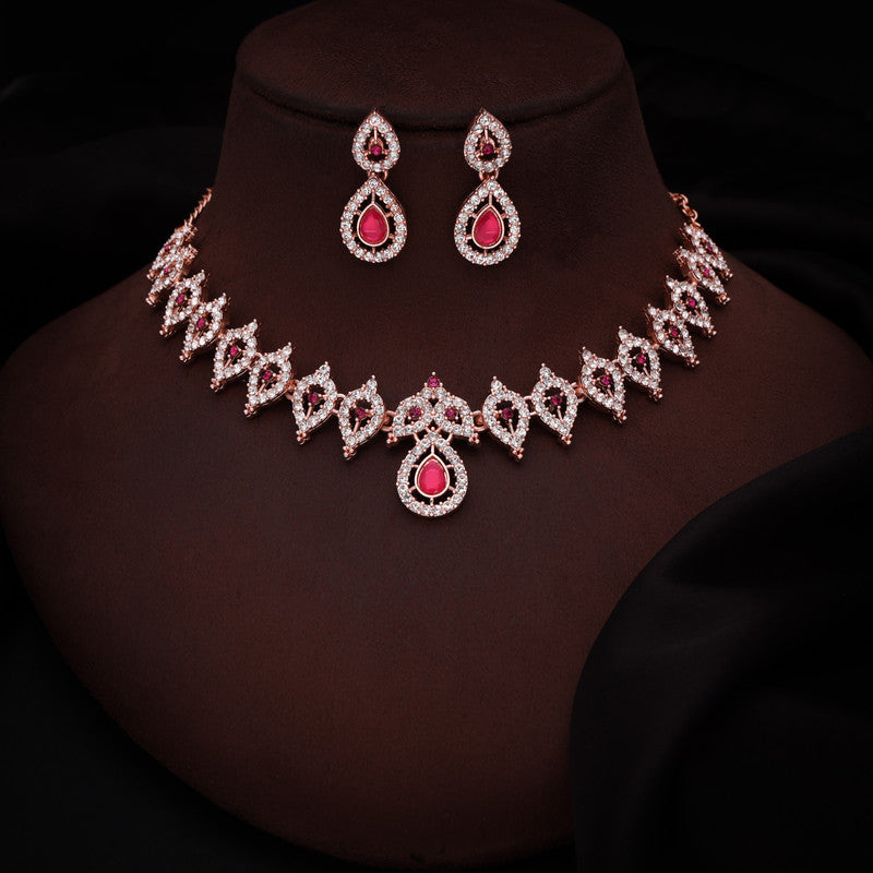 Tehzeeb Creations Pink Colour Ad Studded Necklace Jewellery Set With Matching Earrings For Women And Girls
