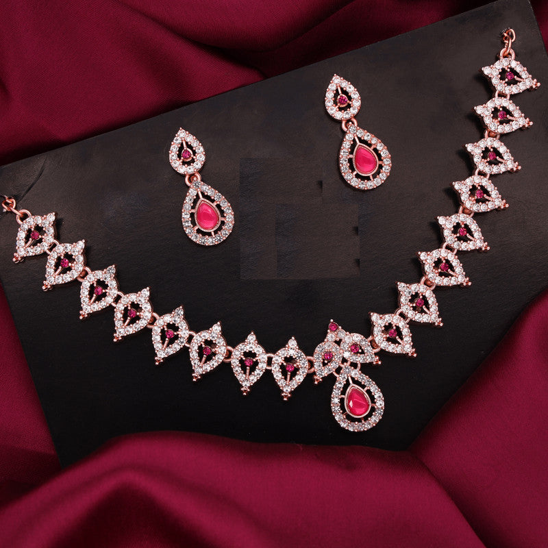 Tehzeeb Creations Pink Colour Ad Studded Necklace Jewellery Set With Matching Earrings For Women And Girls