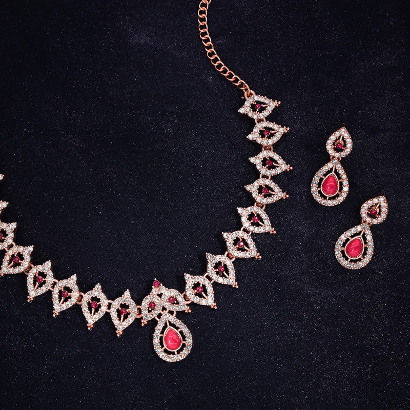 Tehzeeb Creations Pink Colour Ad Studded Necklace Jewellery Set With Matching Earrings For Women And Girls