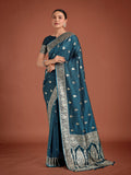 Monjolika Fashion Dark Teal Banarasi Satin Silk Saree with Intricate Zari Work with Rich Weaving Pattern - Distacart