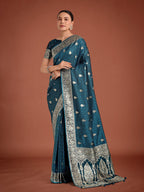 Monjolika Fashion Dark Teal Banarasi Satin Silk Saree with Intricate Zari Work with Rich Weaving Pattern - Distacart