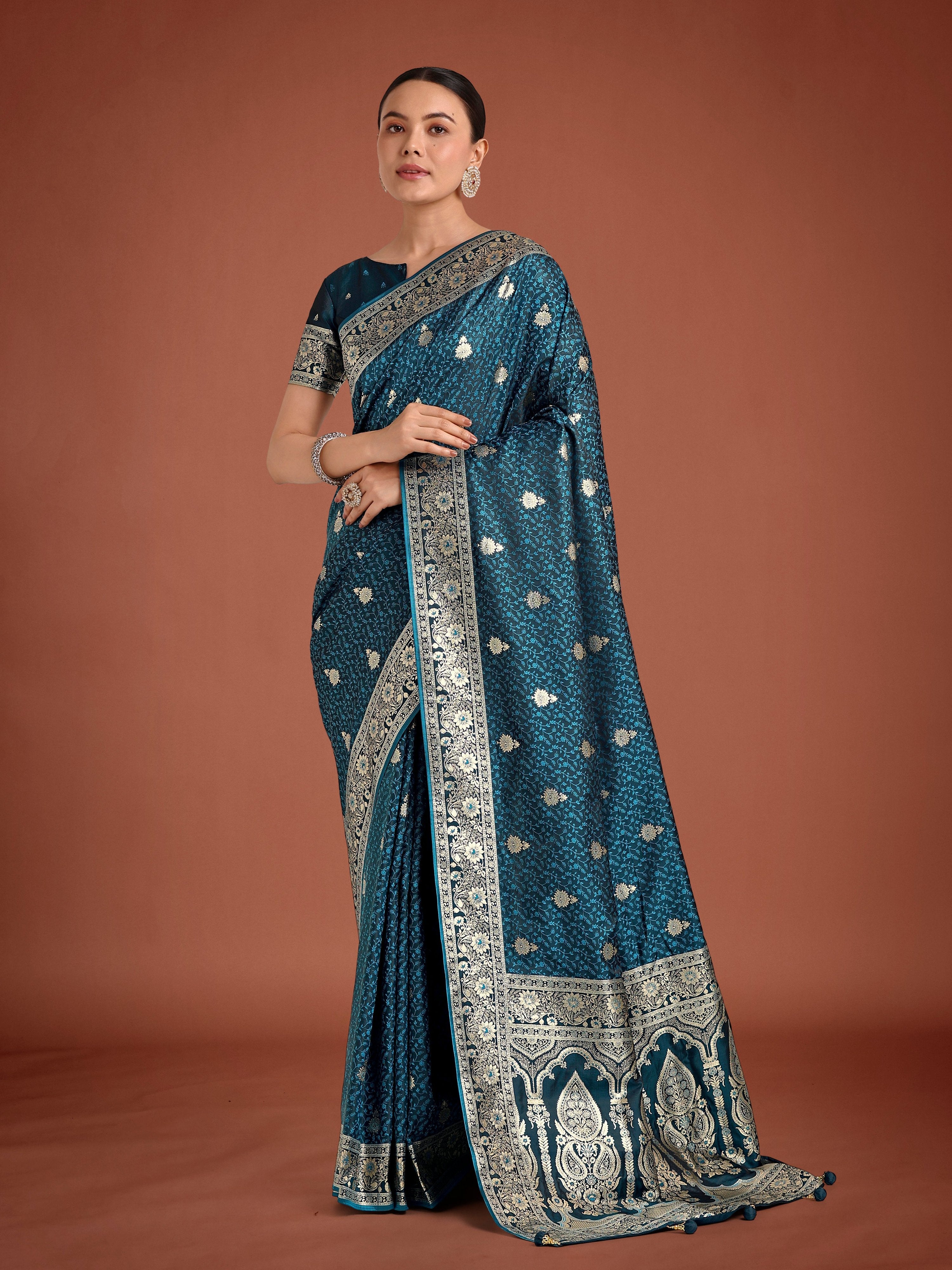 Monjolika Fashion Dark Teal Banarasi Satin Silk Saree with Intricate Zari Work with Rich Weaving Pattern - Distacart