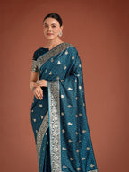 Monjolika Fashion Dark Teal Banarasi Satin Silk Saree with Intricate Zari Work with Rich Weaving Pattern - Distacart