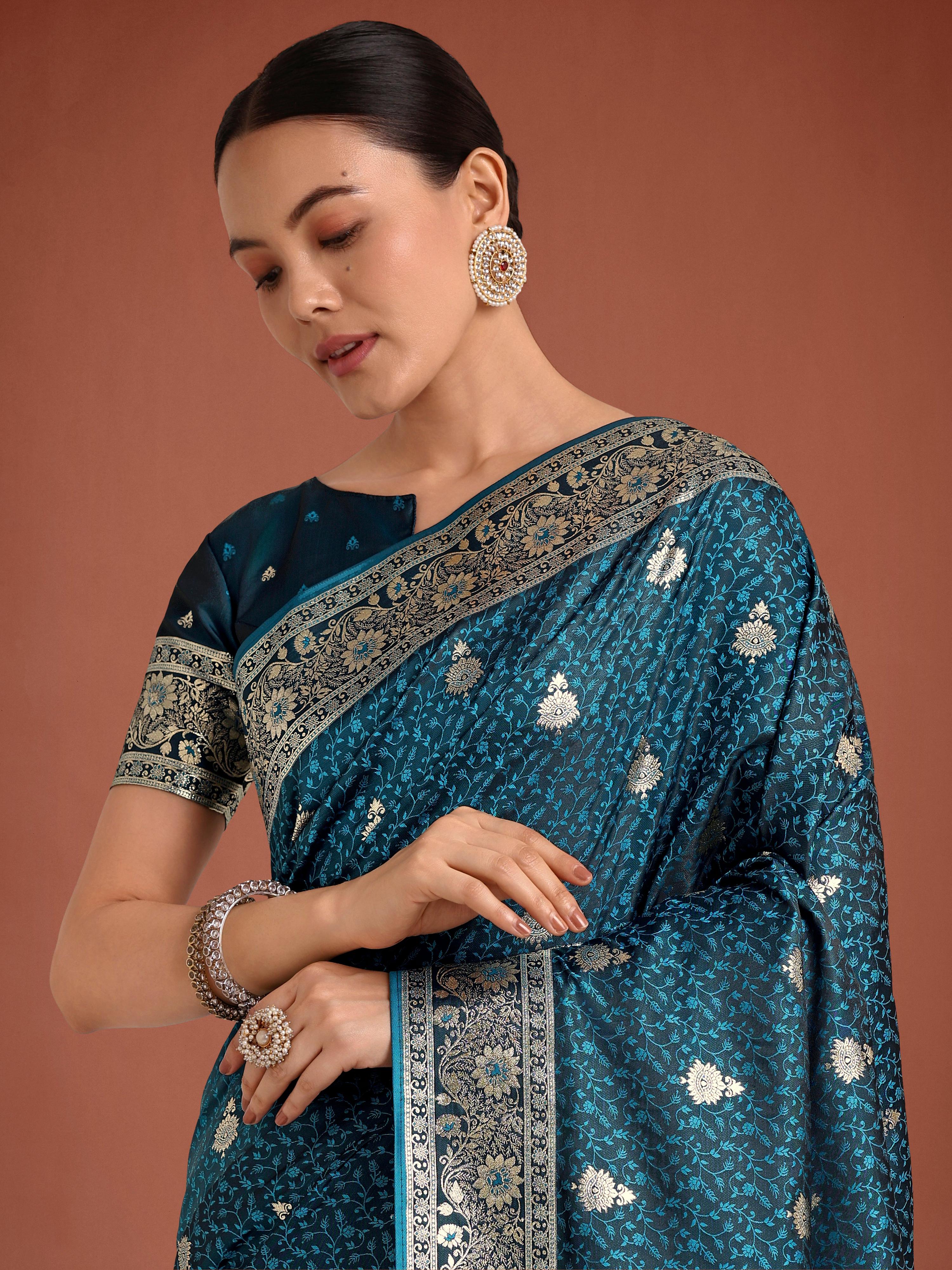 Monjolika Fashion Dark Teal Banarasi Satin Silk Saree with Intricate Zari Work with Rich Weaving Pattern - Distacart