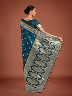 Monjolika Fashion Dark Teal Banarasi Satin Silk Saree with Intricate Zari Work with Rich Weaving Pattern - Distacart