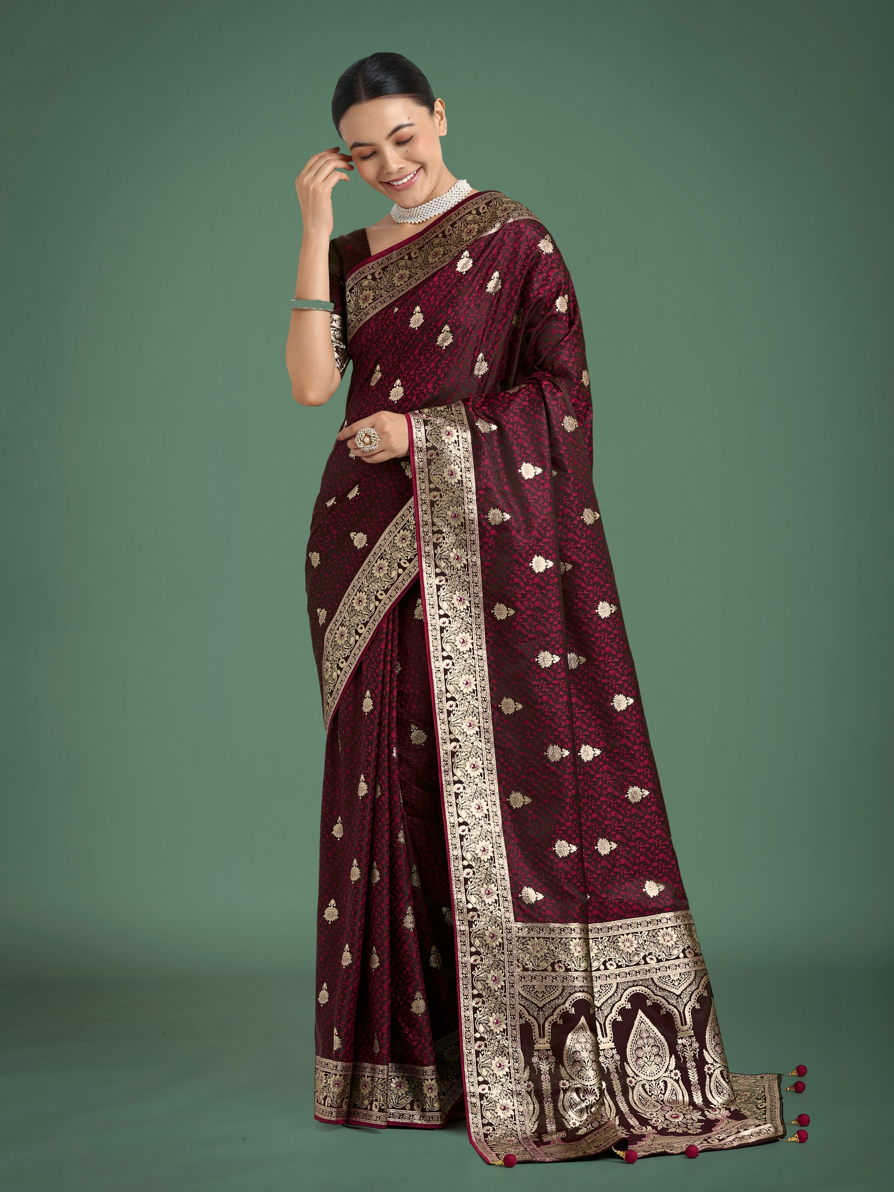 Monjolika Fashion Maroon Banarasi Satin Silk Saree with Intricate Zari Work with Rich Weaving Pattern - Distacart