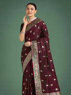 Monjolika Fashion Maroon Banarasi Satin Silk Saree with Intricate Zari Work with Rich Weaving Pattern - Distacart