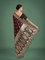 Monjolika Fashion Maroon Banarasi Satin Silk Saree with Intricate Zari Work with Rich Weaving Pattern - Distacart