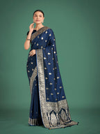 Monjolika Fashion Blue Banarasi Satin Silk Saree with Intricate Zari Work with Rich Weaving Pattern - Distacart