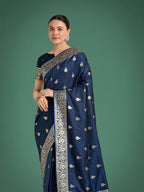 Monjolika Fashion Blue Banarasi Satin Silk Saree with Intricate Zari Work with Rich Weaving Pattern - Distacart