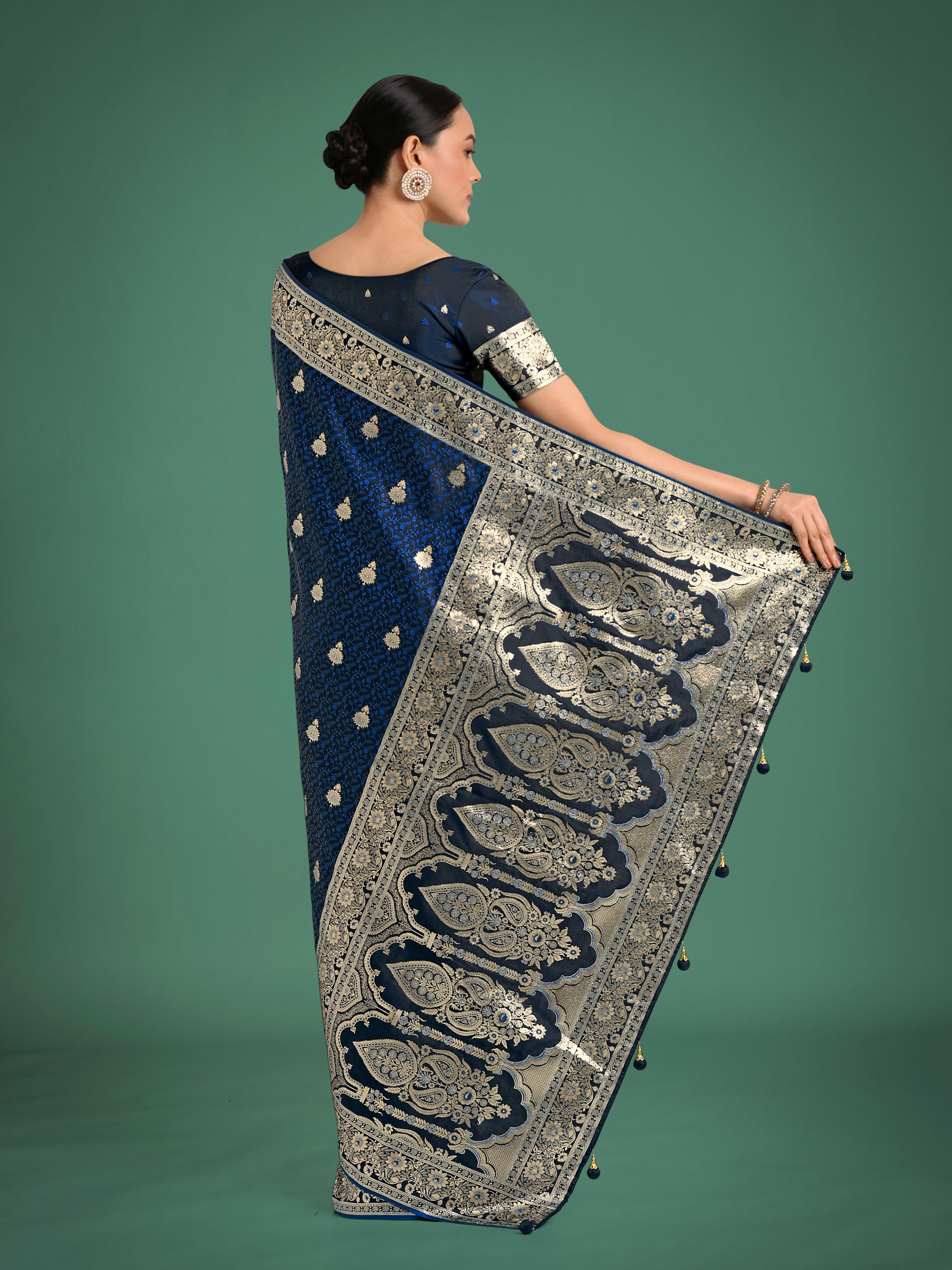 Monjolika Fashion Blue Banarasi Satin Silk Saree with Intricate Zari Work with Rich Weaving Pattern - Distacart