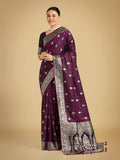 Monjolika Fashion Wine Banarasi Satin Silk Saree with Intricate Zari Work with Rich Weaving Pattern - Distacart