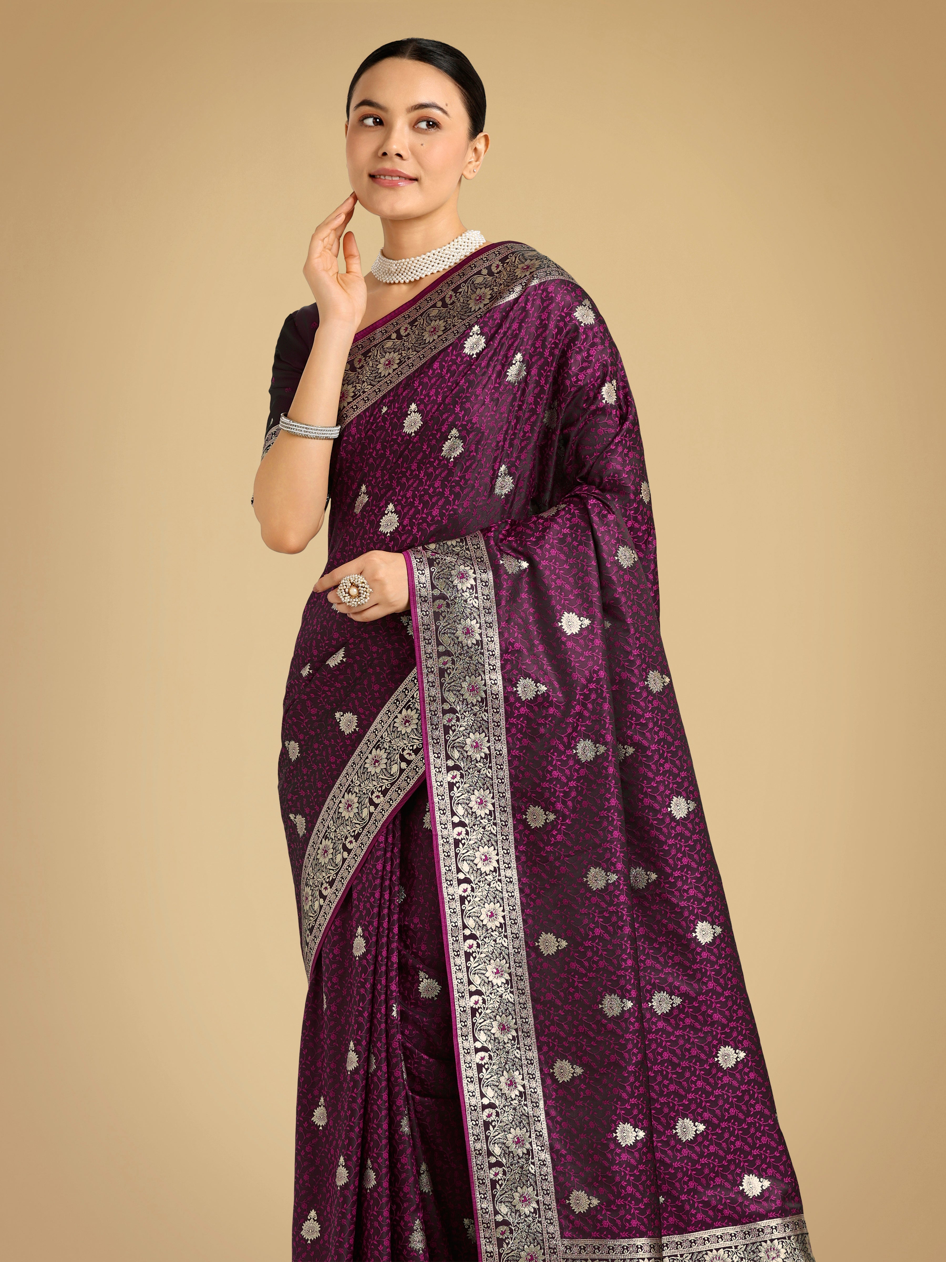 Monjolika Fashion Wine Banarasi Satin Silk Saree with Intricate Zari Work with Rich Weaving Pattern - Distacart