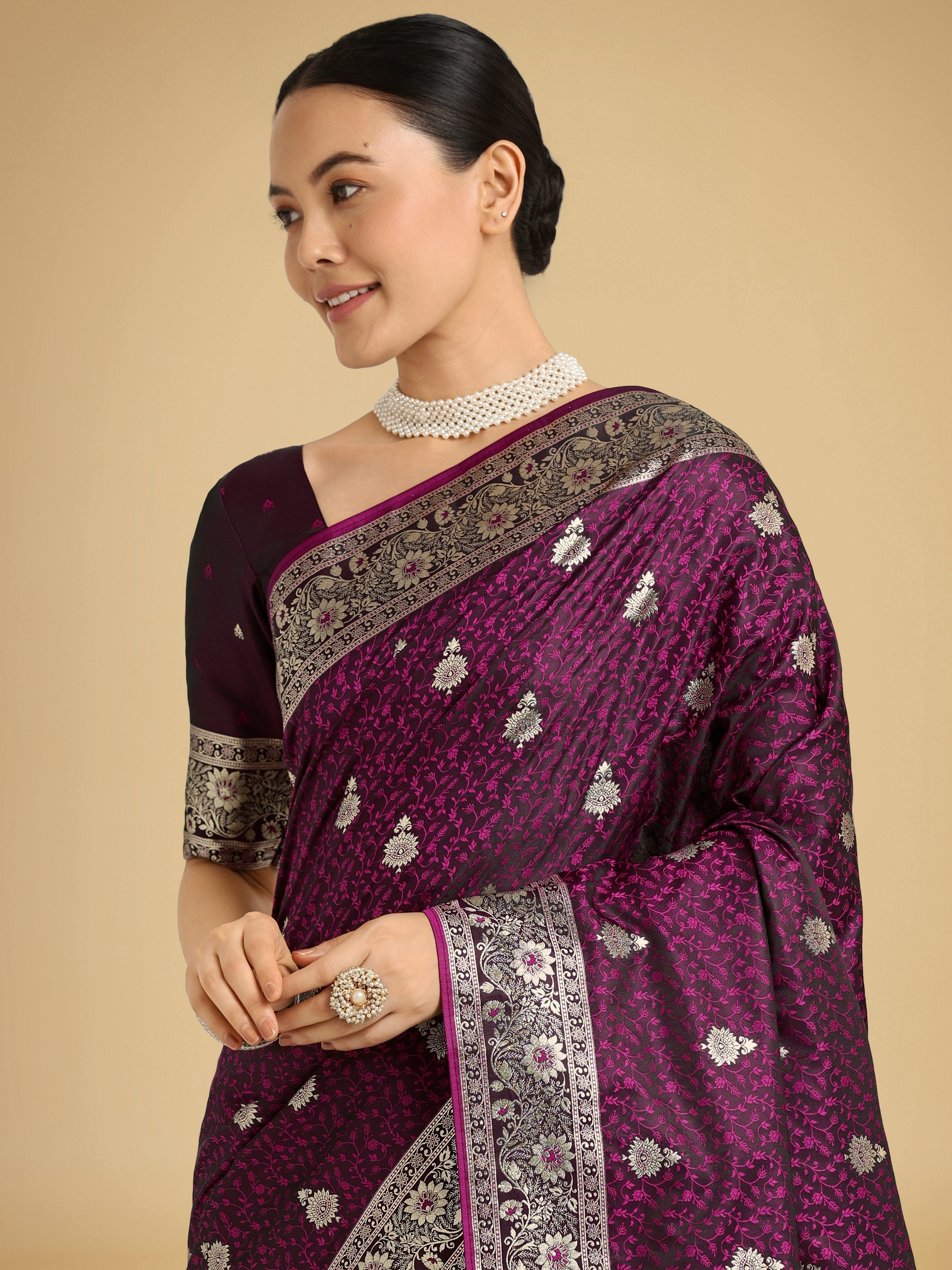 Monjolika Fashion Wine Banarasi Satin Silk Saree with Intricate Zari Work with Rich Weaving Pattern - Distacart