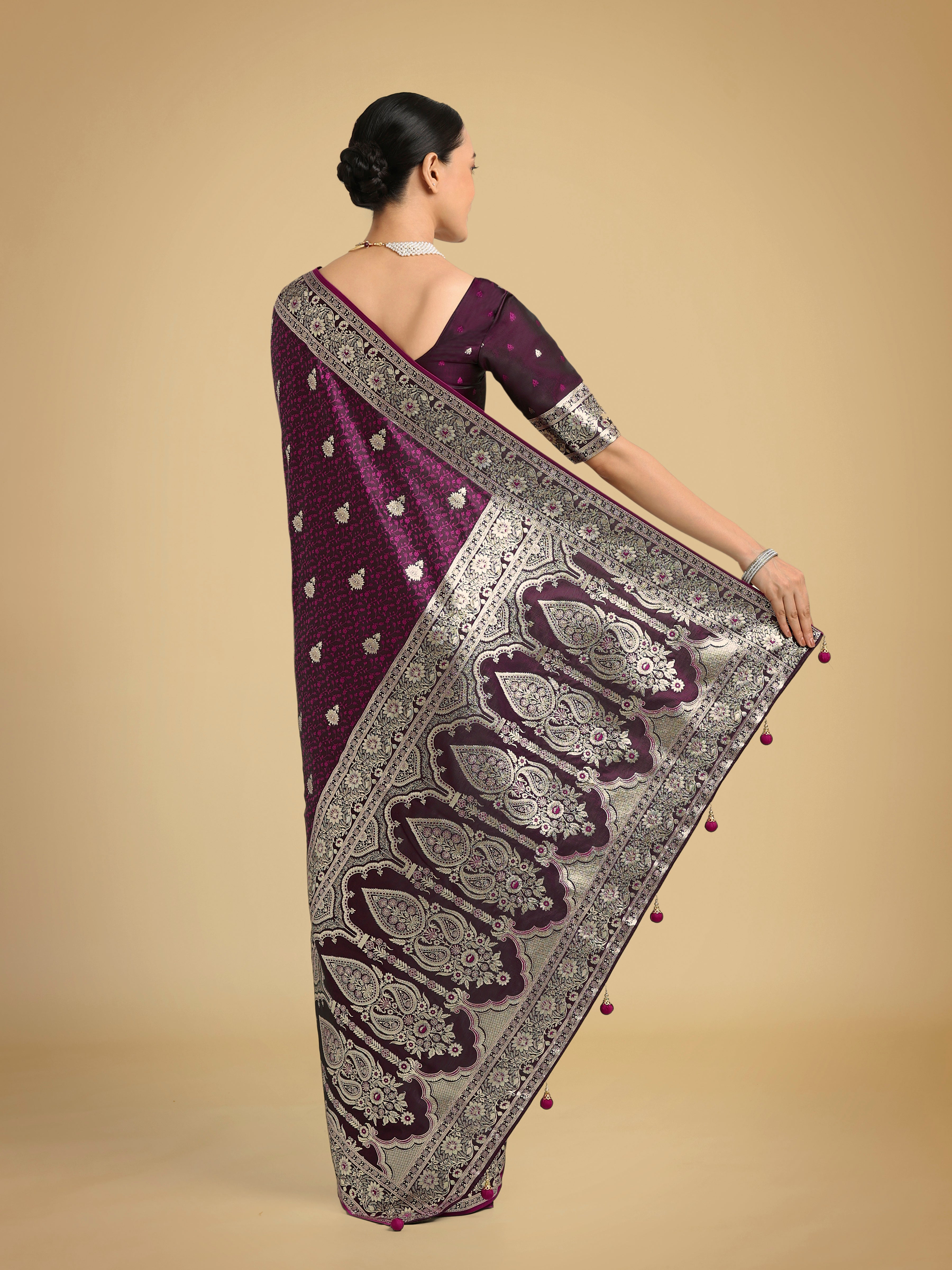 Monjolika Fashion Wine Banarasi Satin Silk Saree with Intricate Zari Work with Rich Weaving Pattern - Distacart