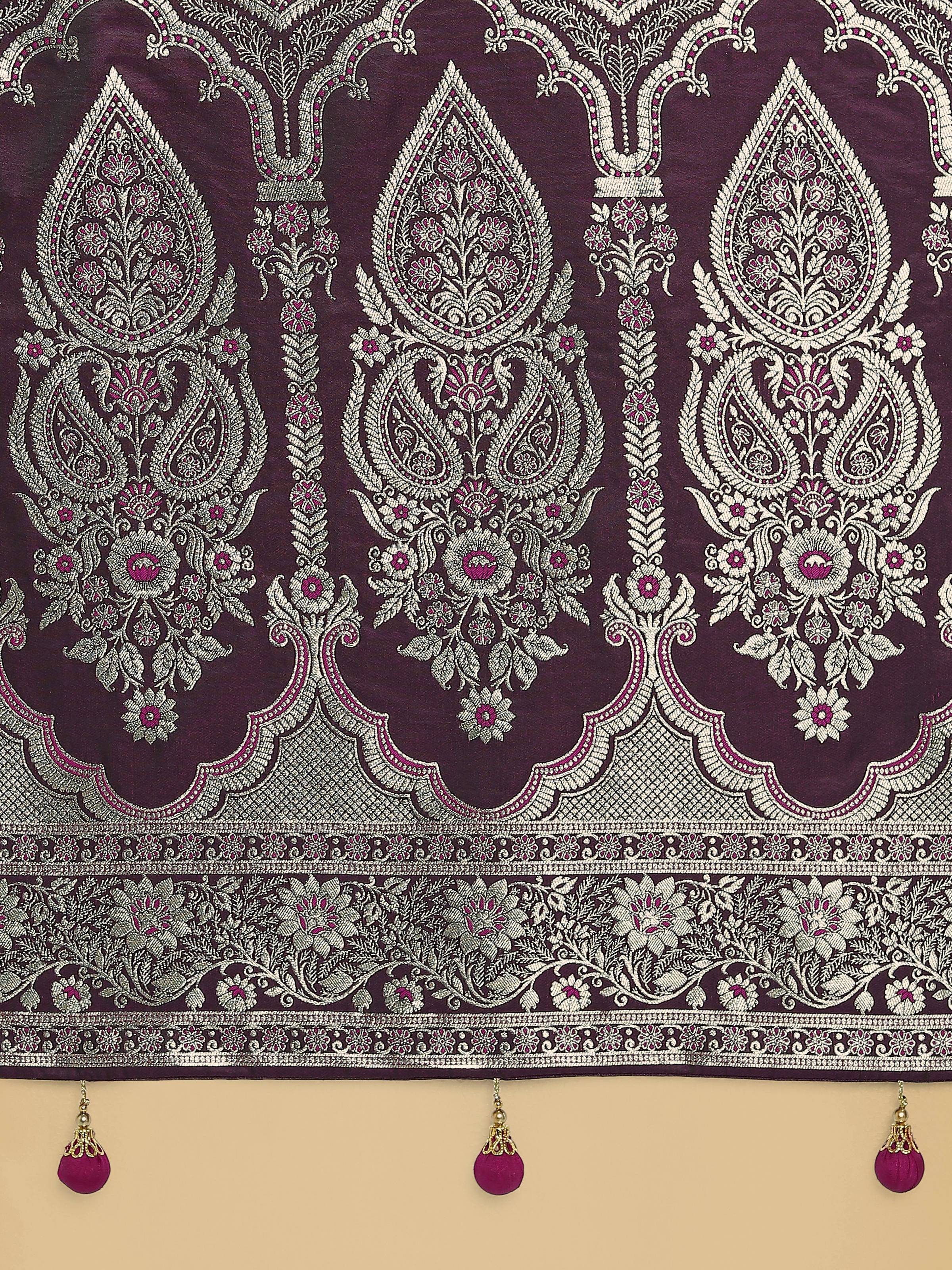 Monjolika Fashion Wine Banarasi Satin Silk Saree with Intricate Zari Work with Rich Weaving Pattern - Distacart