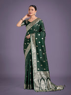 Monjolika Fashion Dark Green Banarasi Satin Silk Saree with Intricate Zari Work with Rich Weaving Pattern - Distacart