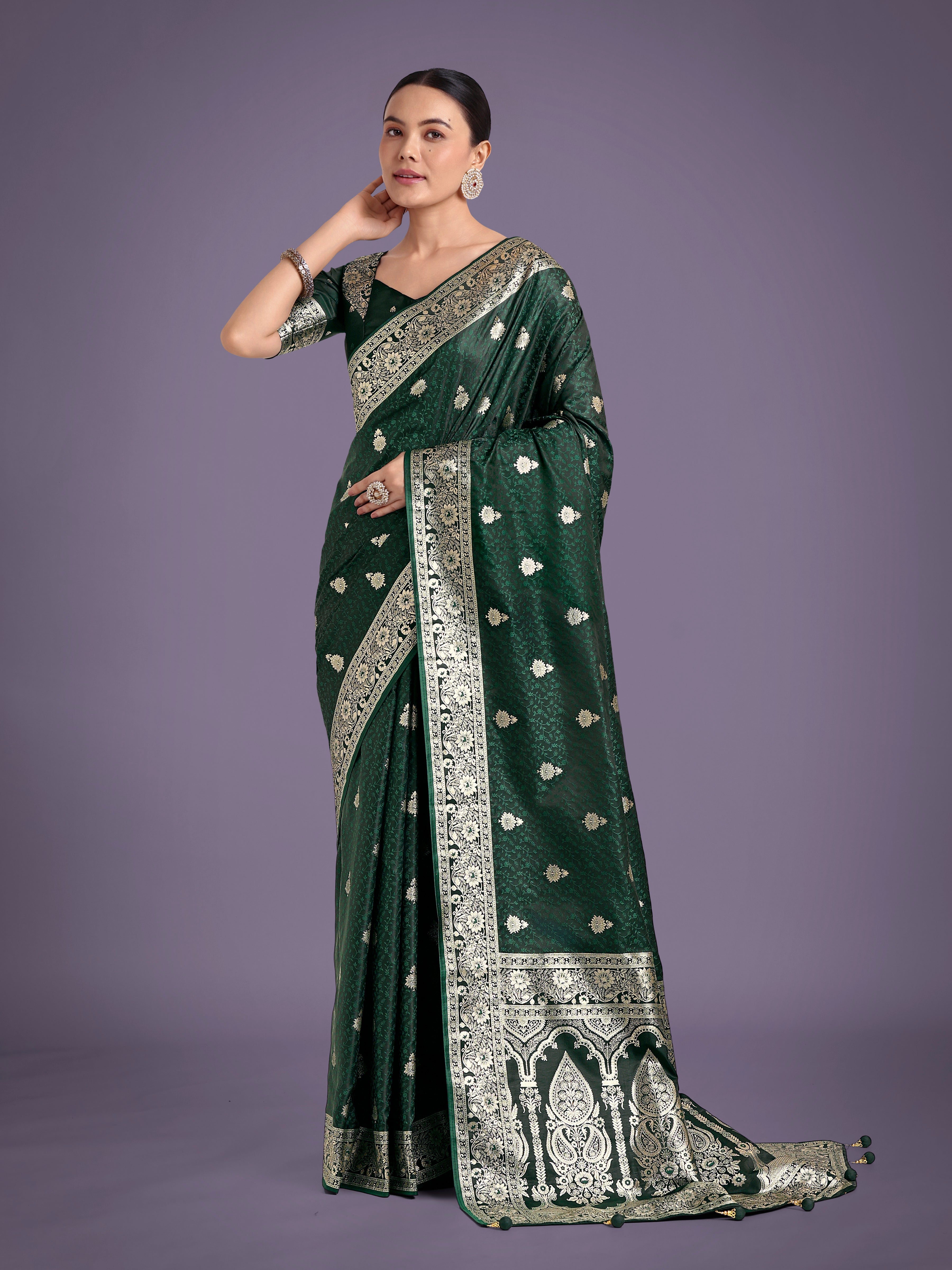 Monjolika Fashion Dark Green Banarasi Satin Silk Saree with Intricate Zari Work with Rich Weaving Pattern - Distacart
