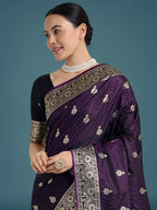Monjolika Fashion Purple Banarasi Satin Silk Saree with Intricate Zari Work with Rich Weaving Pattern