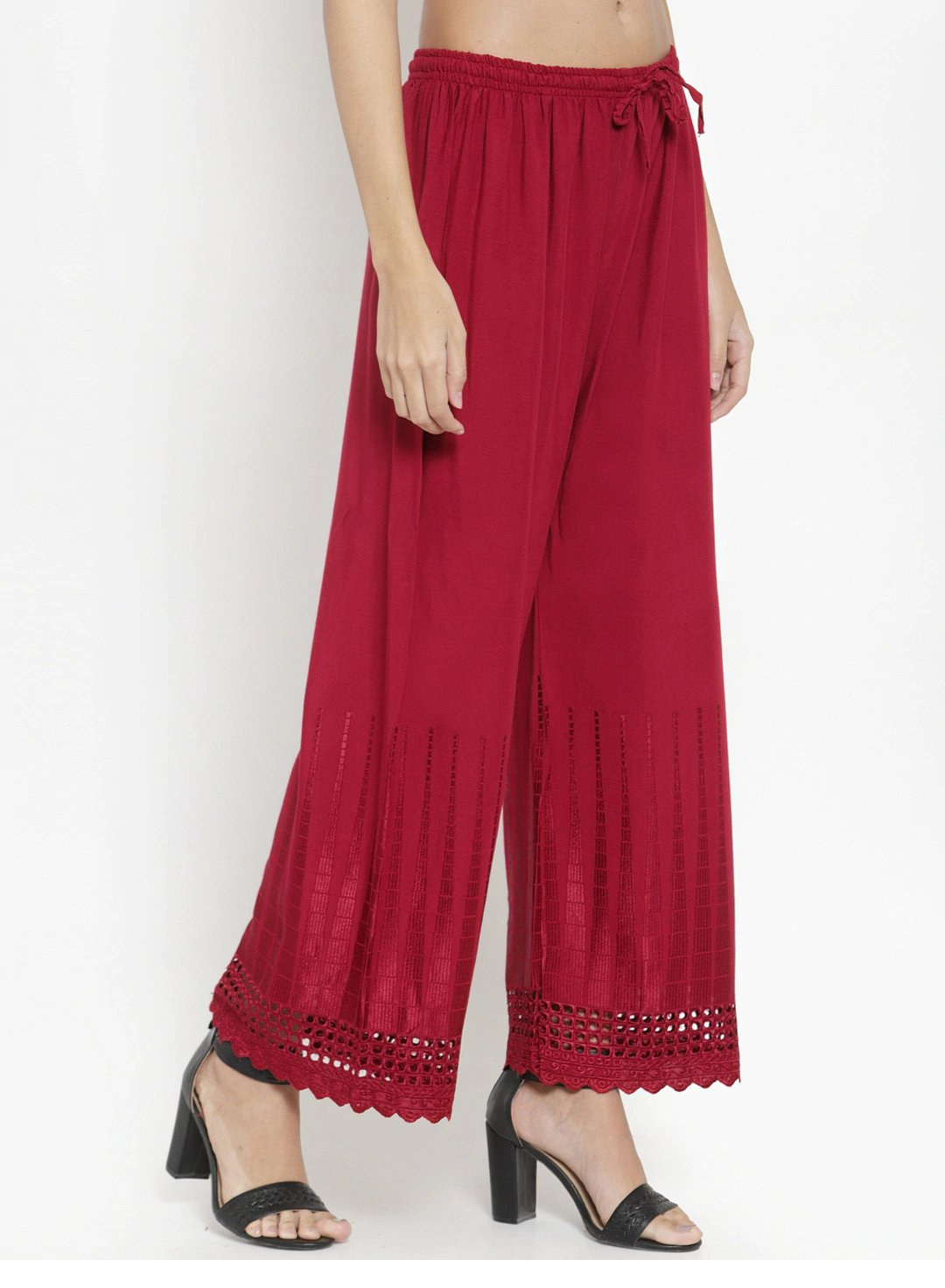 PAVONINE Maroon Color Aari Work Minar Design Rayon Fabric Shrarara - Distacart