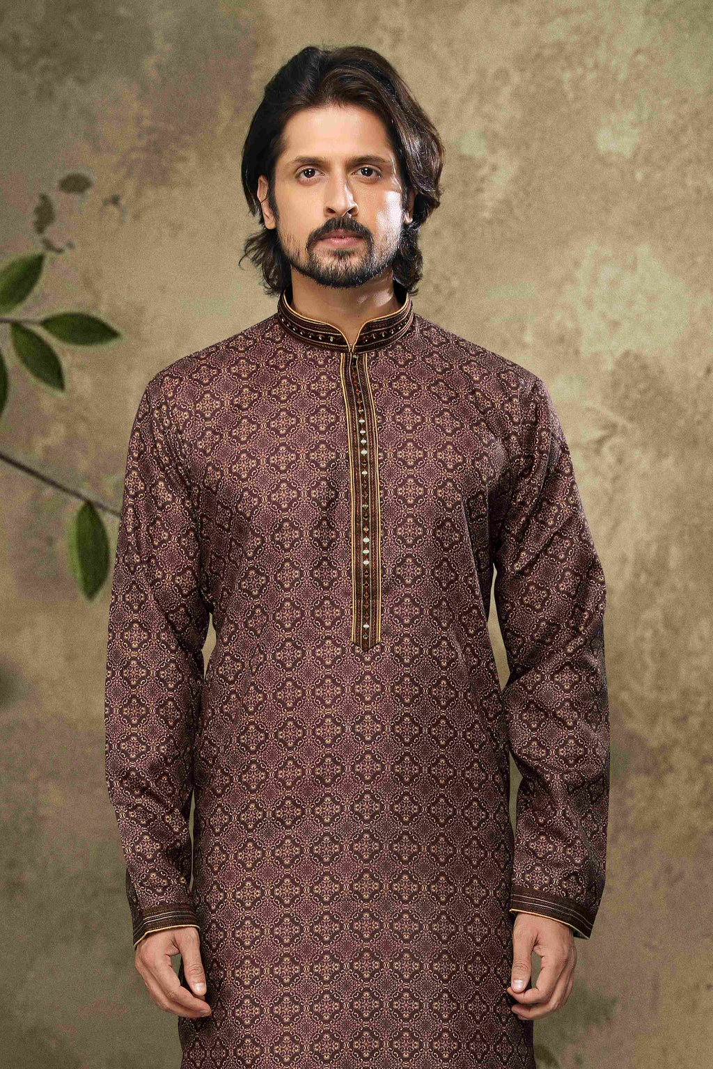Raivat Ethnic Cotton Digital Print Pintux Work Kurta Pajama In Brown Colour