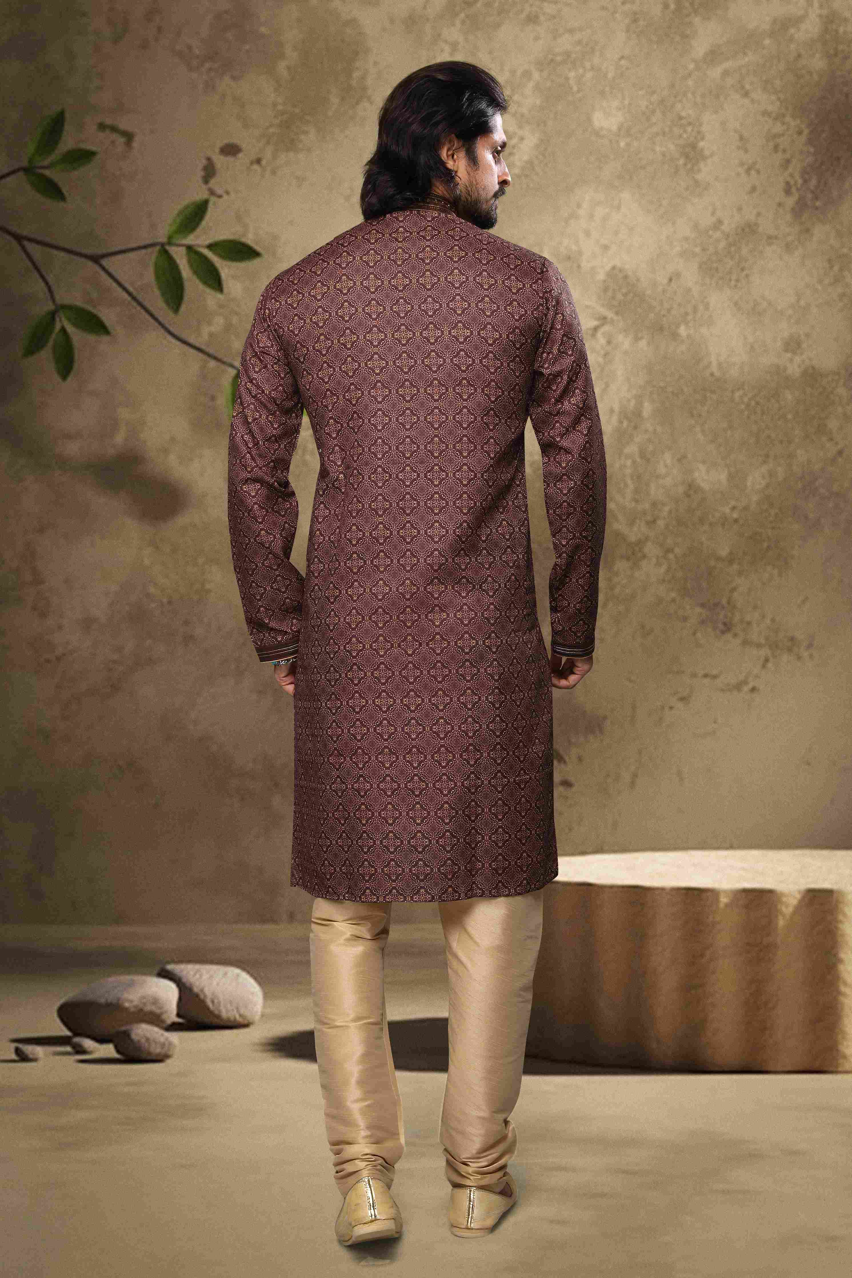 Raivat Ethnic Cotton Digital Print Pintux Work Kurta Pajama In Brown Colour