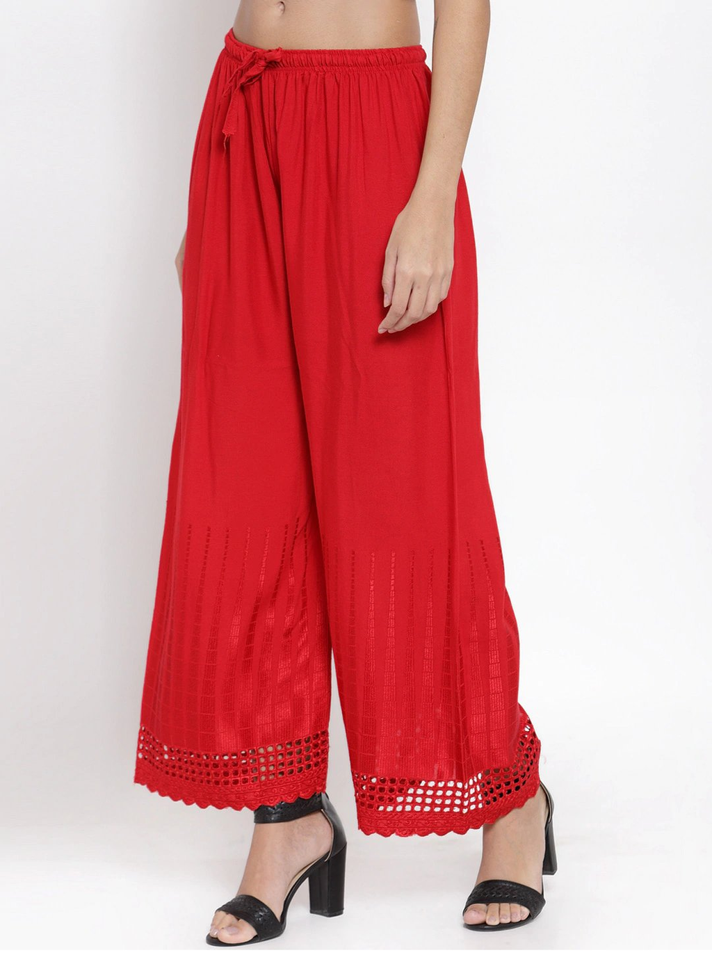 PAVONINE Red Color Aari Work Minar Design Rayon Fabric Shrarara - Distacart