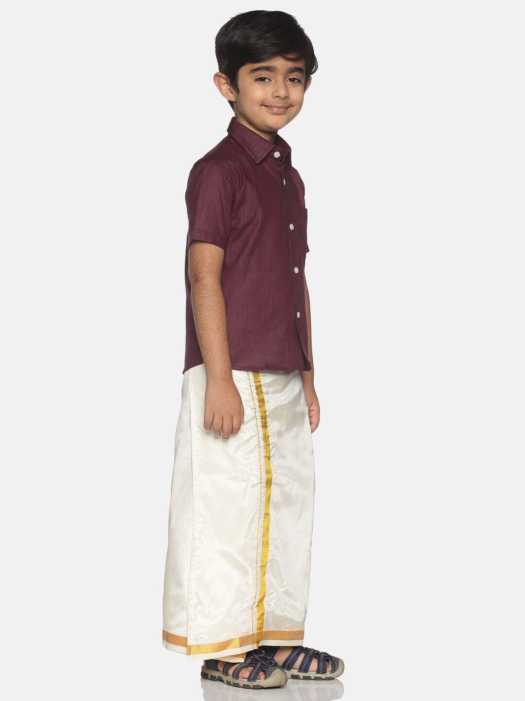 Sethukrishna Boys Maroon & White Solid Shirt with Veshti Set
