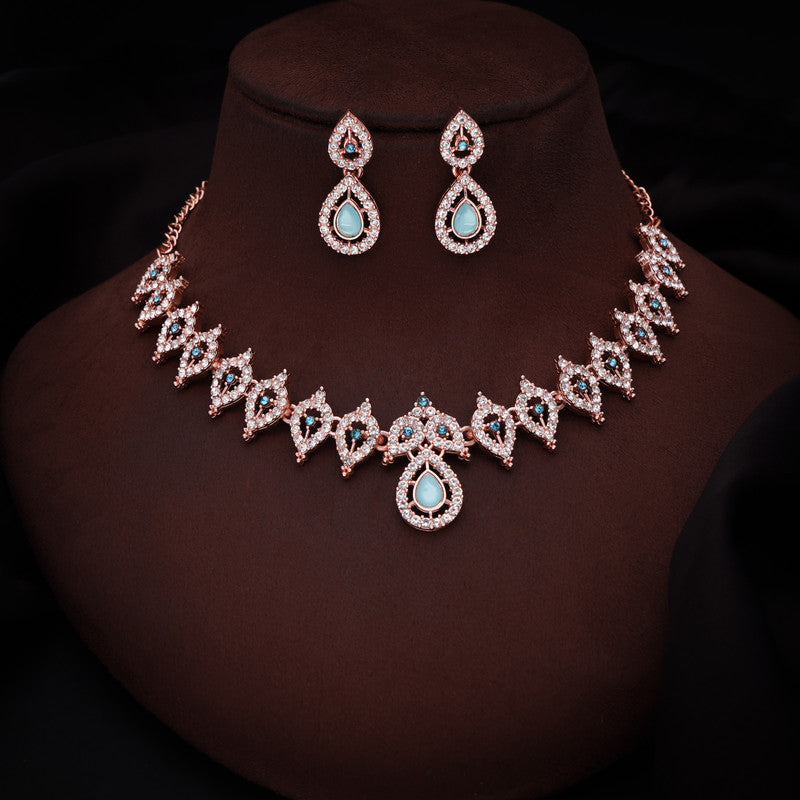 Tehzeeb Creations Sky Blue Colour Ad Studded Necklace Jewellery Set With Matching Earrings For Women And Girls
