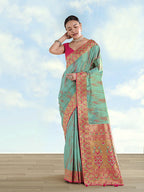 Monjolika Fashion Sky Blue Color Banarasi Tissue Silk Paithani Woven Saree - Distacart