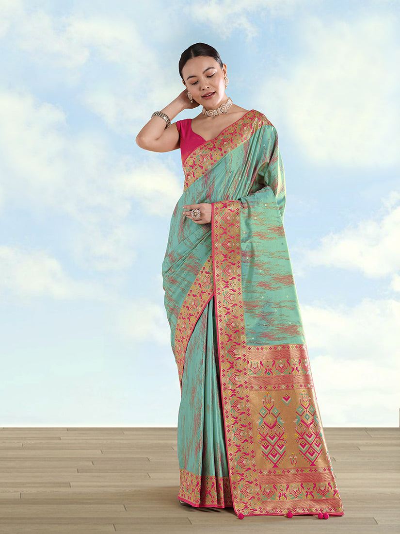 Monjolika Fashion Sky Blue Color Banarasi Tissue Silk Paithani Woven Saree - Distacart