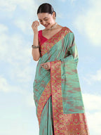 Monjolika Fashion Sky Blue Color Banarasi Tissue Silk Paithani Woven Saree - Distacart