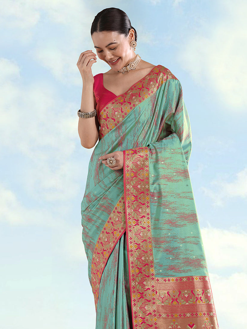 Monjolika Fashion Sky Blue Color Banarasi Tissue Silk Paithani Woven Saree - Distacart