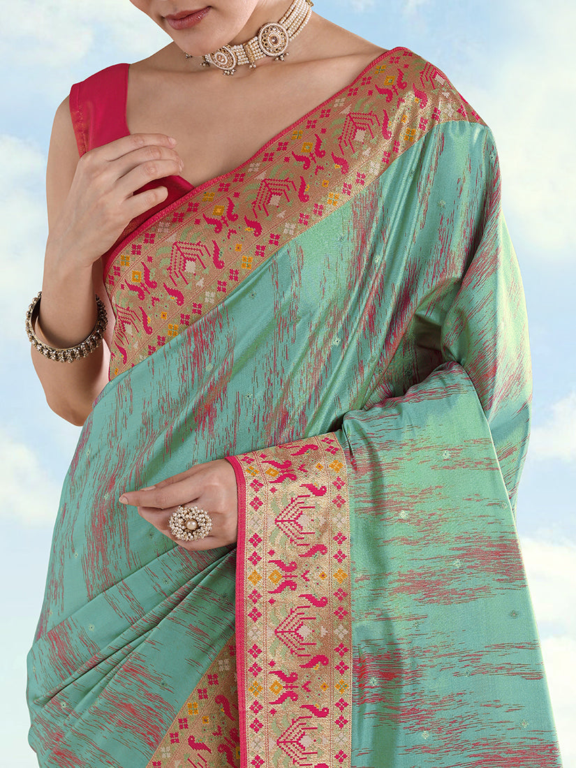 Monjolika Fashion Sky Blue Color Banarasi Tissue Silk Paithani Woven Saree - Distacart