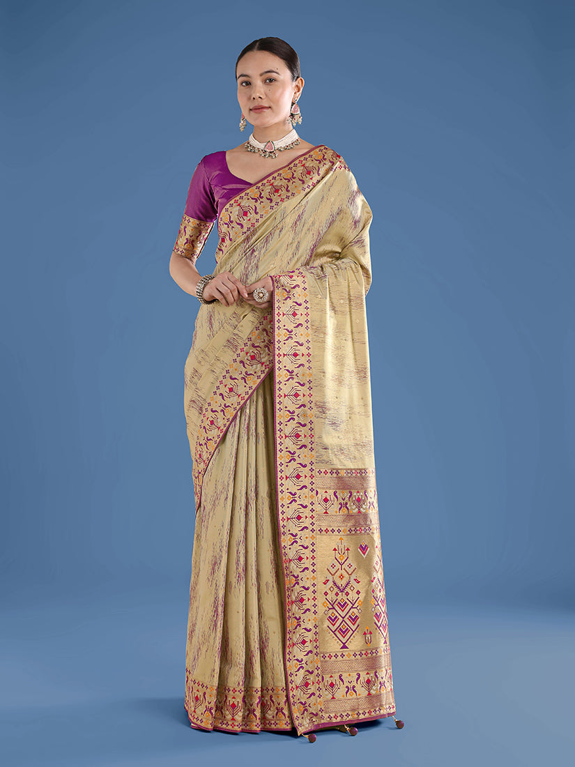 Monjolika Fashion Beige Color Banarasi Tissue Silk Paithani Woven Saree - Distacart