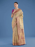 Monjolika Fashion Beige Color Banarasi Tissue Silk Paithani Woven Saree - Distacart