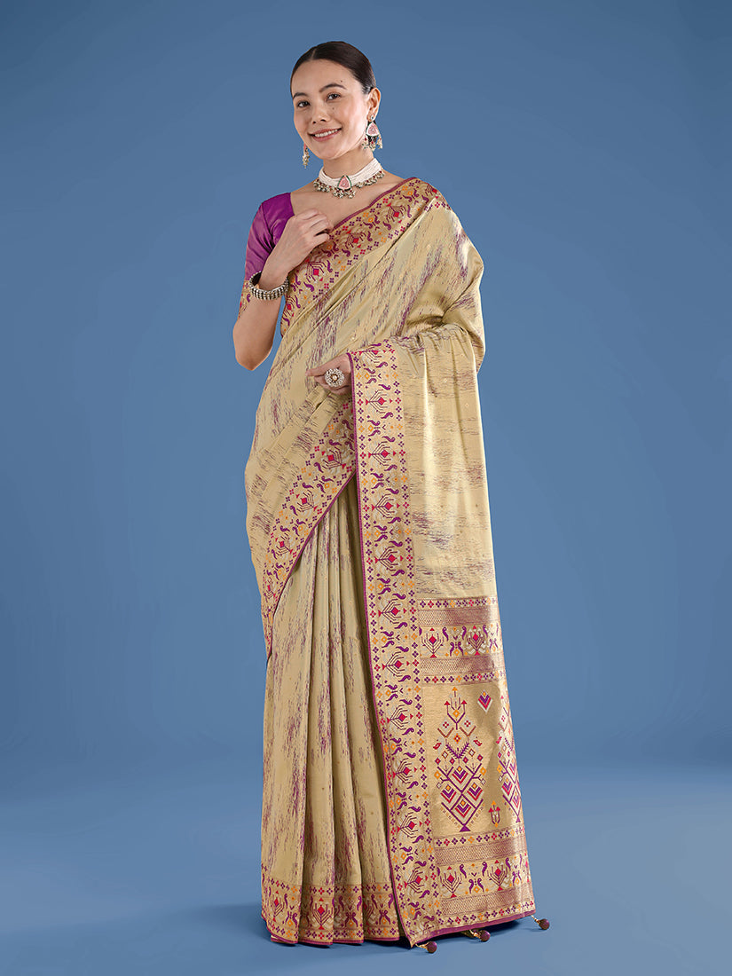 Monjolika Fashion Beige Color Banarasi Tissue Silk Paithani Woven Saree - Distacart