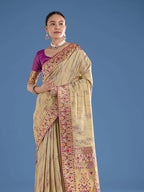 Monjolika Fashion Beige Color Banarasi Tissue Silk Paithani Woven Saree - Distacart