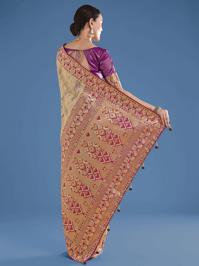 Monjolika Fashion Beige Color Banarasi Tissue Silk Paithani Woven Saree - Distacart