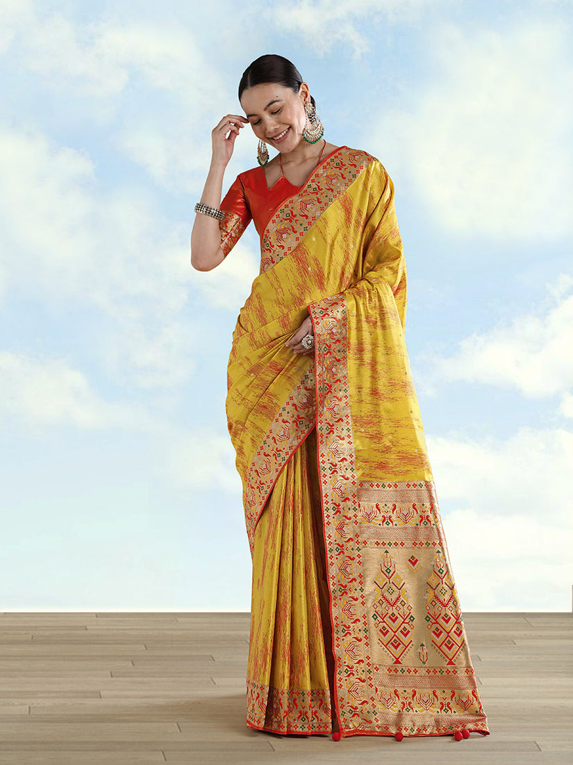 Monjolika Fashion Mustard Yellow Color Banarasi Tissue Silk Paithani Woven Saree - Distacart