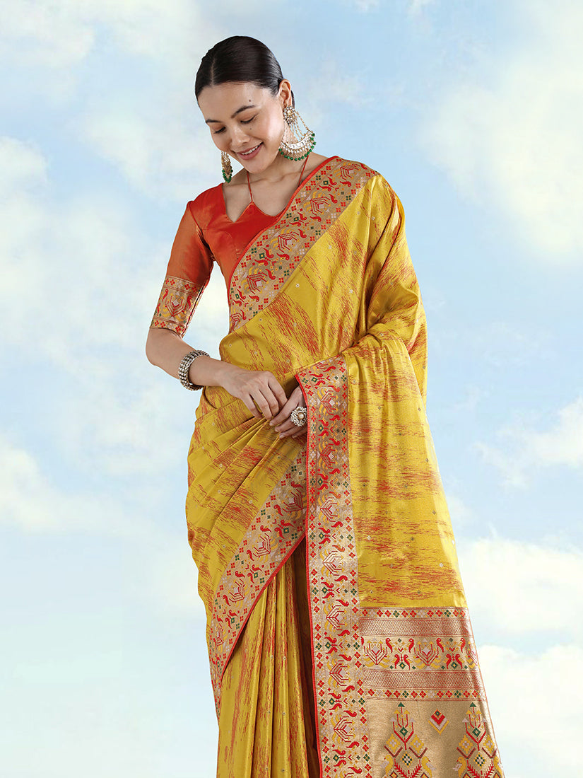 Monjolika Fashion Mustard Yellow Color Banarasi Tissue Silk Paithani Woven Saree - Distacart