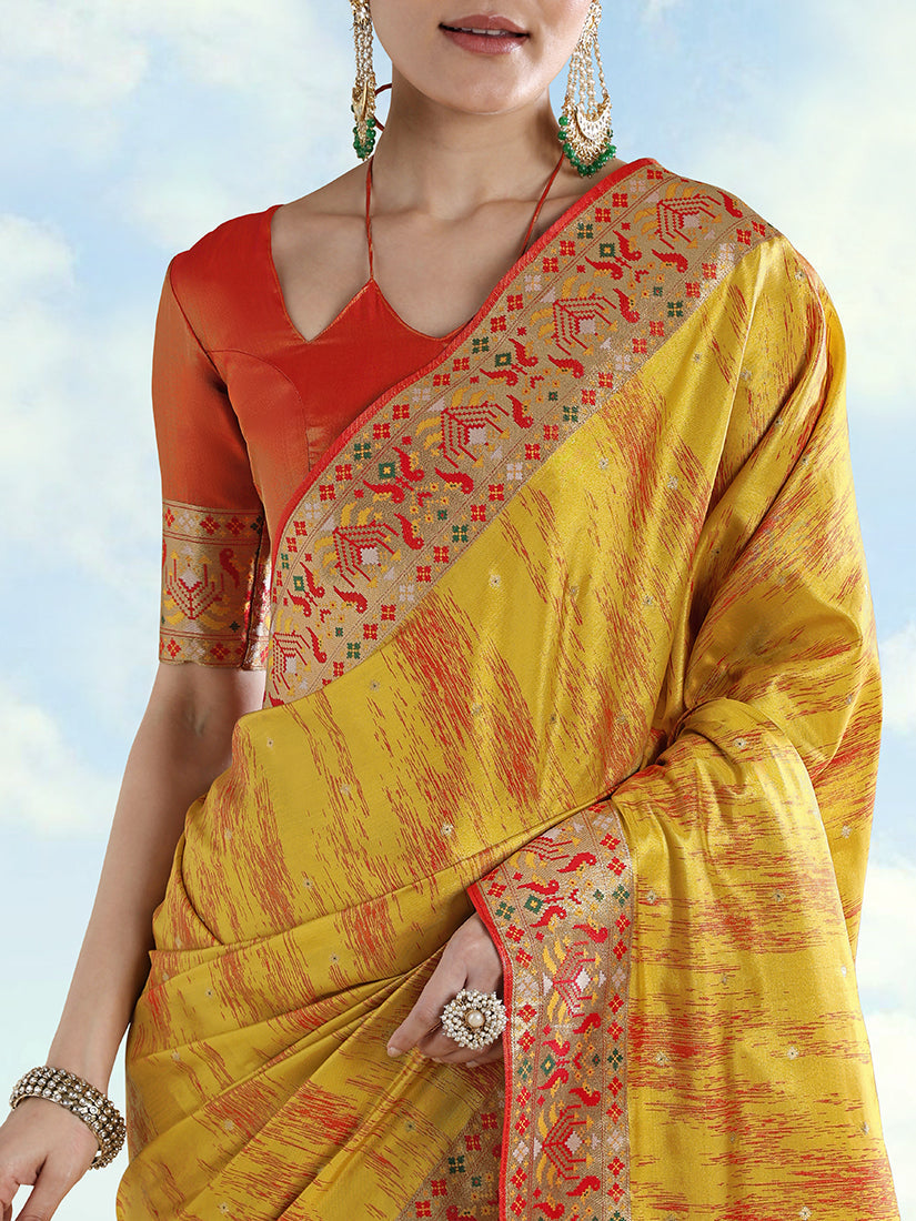 Monjolika Fashion Mustard Yellow Color Banarasi Tissue Silk Paithani Woven Saree - Distacart