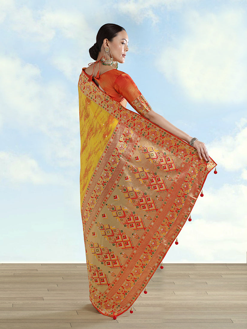 Monjolika Fashion Mustard Yellow Color Banarasi Tissue Silk Paithani Woven Saree - Distacart