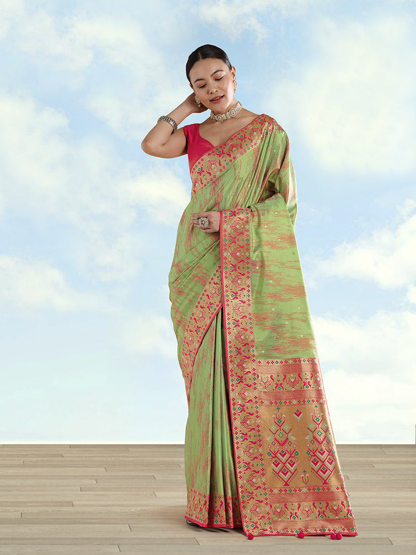 Monjolika Fashion Light Green Color Banarasi Tissue Silk Paithani Woven Saree - Distacart