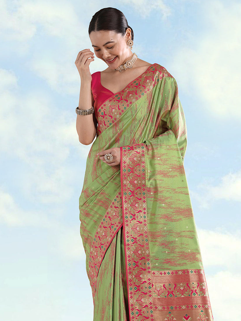 Monjolika Fashion Light Green Color Banarasi Tissue Silk Paithani Woven Saree - Distacart