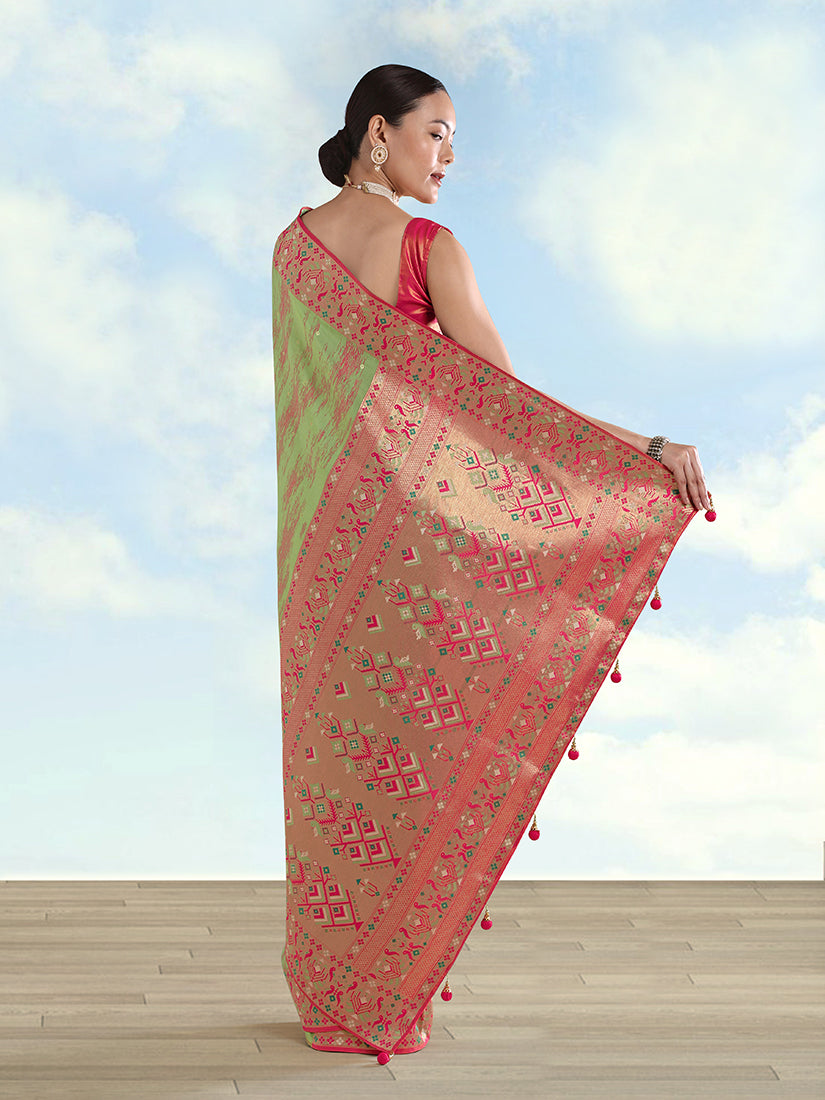 Monjolika Fashion Light Green Color Banarasi Tissue Silk Paithani Woven Saree - Distacart