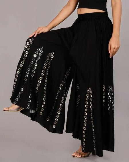 PAVONINE Black Color Embroidery Floral Patch Work Flared Sharara For Women